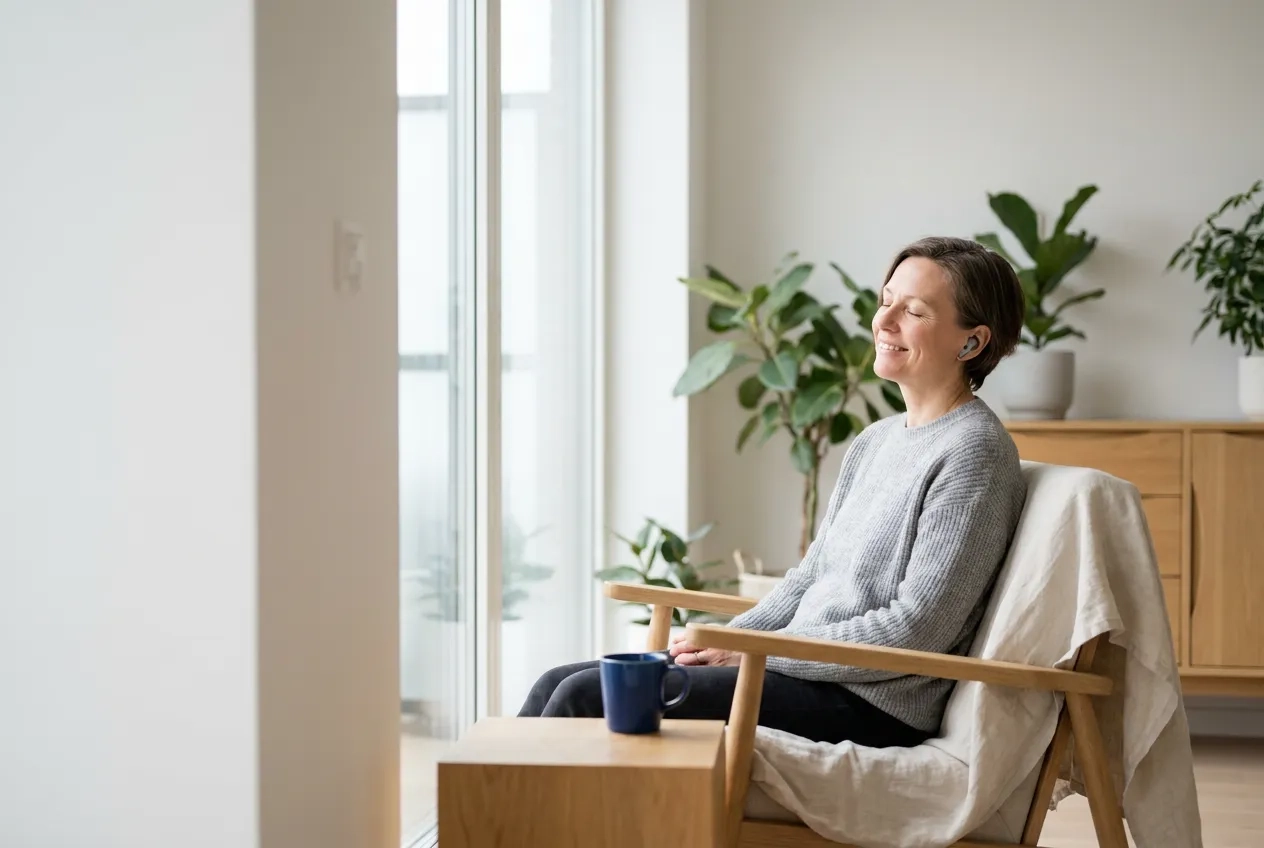 Personne pratiquant une séance de méditation guidée à domicile avec les programmes de relaxation SoundTao.