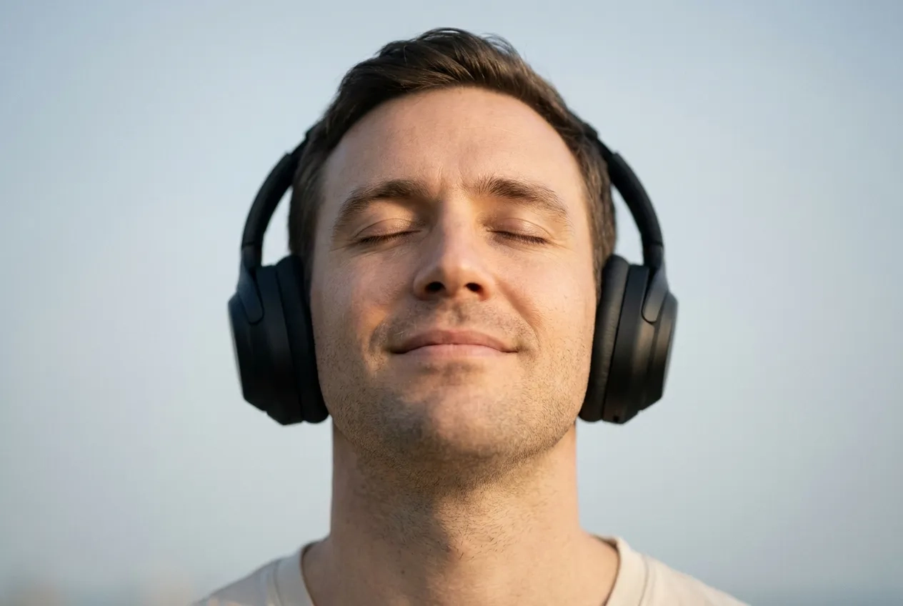 Personne écoutant une séance audio de relaxation avec un casque pour réduire le stress grâce aux programmes de SoundTao.